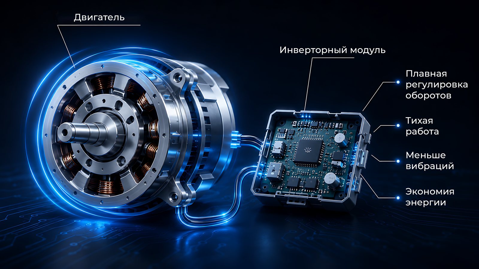 Инверторный двигатель и модуль управления: плавная регулировка оборотов, тихая работа, меньше вибраций, экономия энергии